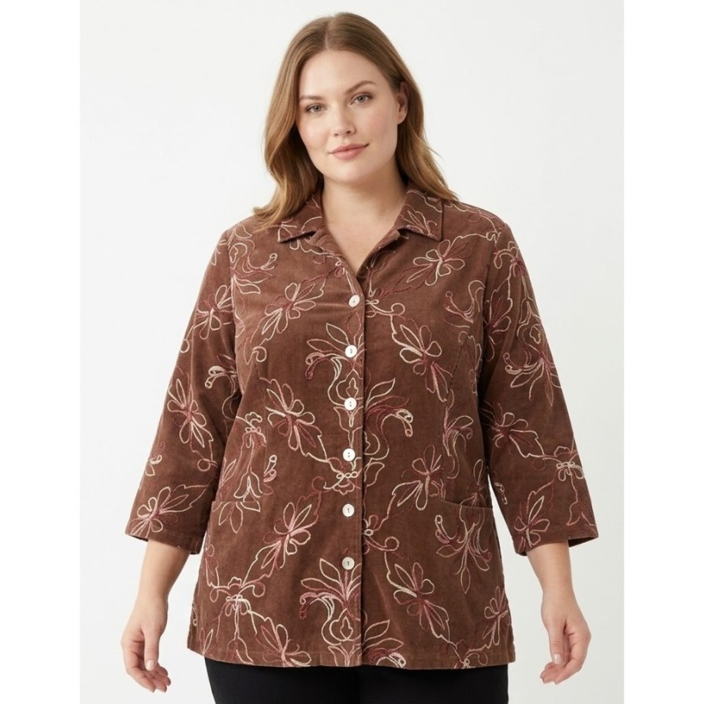 New Citiknits Brown Floral Embroidered Slinky Knit‎ 3/4 Sleeve Button Down 1X
